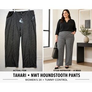 Tahari Tummy Control Pants‎ 3XL NWT Houndstooth Wide Leg Trousers Plus Size